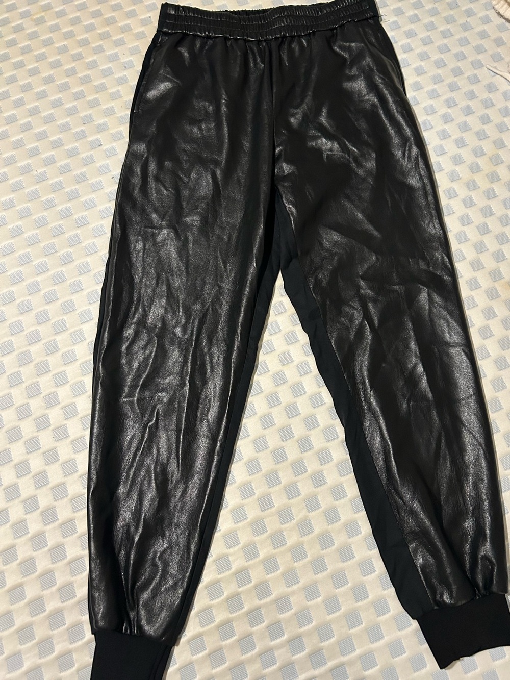 Alice + Olivia Black Faux-Leather Track Joggers